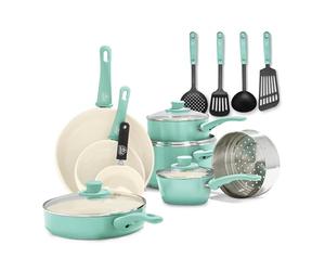 GreenLife Soft Grip Batteria di Pentole 16 Pezzi, Padella 12/18/24cm, Casseruola con Coperchi, Pentola 15/18 cm, Lavabile in Lavastoviglie, Forno Sicuro, Turchese