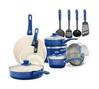 GreenLife Soft Grip Batteria di Pentole 16 Pezzi, Rivestimento Antiaderente senza PFAS, Padella 12/18/24 cm,Casseruola con Coperchi, Pentola 15/18 cm, Lavabile in Lavastoviglie, Blu