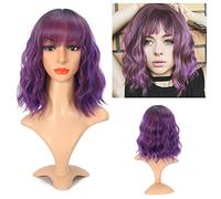 Greenmirr Breve Ombre Viola BOB parrucche ondulate con frangia Root marrone capelli sintetici resistenti al calore 12 in (Ombre Purple)