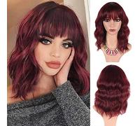 Greenmirr Short BOB Ondulato Parrucche con frangia Capelli sintetici resistenti al calore 14 pollici per il costume del partito di Cosplay Halloween (Red)