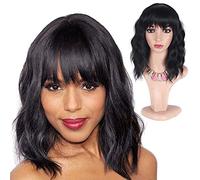 Greenmirr Short BOB Ondulato Parrucche con frangia Capelli sintetici resistenti al calore 14 pollici per il costume del partito di Cosplay Halloween (Black)