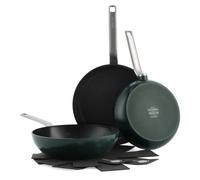 GreenPan Evolution Set di padelle, padelle e wok in ceramica non antiaderente anodizzata dura, 3 pezzi, senza PFAS, induzione, lavabile in lavastoviglie, forno, verde pino