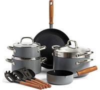 GreenPan Mayflower Pro Antiaderente Ceramico Anodizzato Duro e Sano, Set di pentole 13 pezzi, Inclu. padella e pentola, Manico in legno vintage, Senza PFAS, Adatto all'induzione, Grigio Carbone