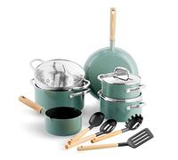 GreenPan Mayflower Set di Pentole e Padelle in Salutari Ceramica Antiaderente da 13 pezzi,Comprese casseruole, coperchi, colino manico in legno vintage,senza PFAS,Induzione,Blu Fumé