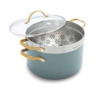 GreenPan Padova Antiaderente in Ceramica Sana Anodizzata Dura, Casseruola 2 Pezzi 24 cm/5,7L con Vaporiera, Senza PFAS, Induzione, Manico Oro, Lavabile in Lavastoviglie, Forno Sicuro, Blu Cielo Fumé