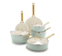 GreenPan Reserve Set di Pentole Antiaderenti in Ceramica Anodizzata Dura, 10 Pezzi, Include Padella, Padella Sauté e Casseruola, Manico Oro, Senza PFAS, Induzione, Forno Sicuro, Menta Verde