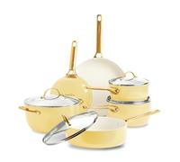 GreenPan Reserve - Set di pentole antiaderenti in ceramica anodizzata dura, 10 pezzi, include padelle, padella e pentola, manico dorato, senza PFA, a induzione, adatta al forno, colore: giallo