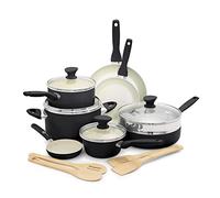 GreenPan Rio Set di Pentole e Padelle Antiaderente in Ceramica Sana 16 Pezzi, Include Padelle, Casseruole, Utensili, Senza PFAS, Manico Fredda al Tatto, Sicuro in forno fino a 160°C, Nero e Crema