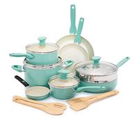 GreenPan Rio Set di Pentole e Padelle Antiaderente in Ceramica Sana 16 Pezzi, Include Padelle, Casseruole, Utensili, Senza PFAS, Manico Fredda al Tatto, Sicuro in forno fino a 160°C, Turchese e Crema