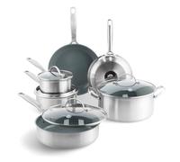 GreenPan Treviso Set di 10 Pentole e Padelle in Acciaio Inox con Rivestimento Ceramico Antiaderente Sano, Padella, Casseruola e Tegami, senza PFAS, Induzione, Forno e Lavastoviglie, Argento