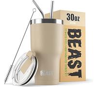 Greens Steel BEAST Tazza Termica da Viaggio - 900 ml I Sabbia I Doppia Parete Inox Termos Caffè Isolato I con 2 Cannucce Riutilizzabili & Spazzolino per Pulizia I Ideale per Caffè Freddo o Caldo