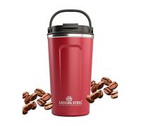 Greens Steel Tazza Termica Riutilizzabile - 480ml, Rosso I Tazza da Viaggio con Tappo e Maniglia I Termos Bevande Calde e Fredde in Acciaio Inox I Mug Ermetica Tè Caffè Bibite Ghiacciate I Senza BPA