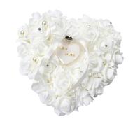 Greensen Cuscino per Fedi Nuziali, Bellissimo Cuscino Anello a Forma di Cuore con Nastro e Perle Artificiali Bianco Cuscino Portafedi per San Matrimonio