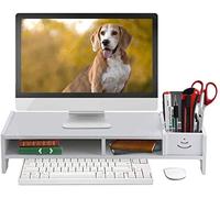 Greensen Supporto per Monitor Composito in Legno-Plastica Verde, Supporto per Monitor da Scrivania Regolabile in Larghezza, Supporto Ergonomico per Laptop con Cassetto Portaoggetti