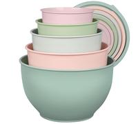 Greentainer Set di 5 ciotole in plastica con coperchi, per cucinare, preparare, cucinare e servire alimenti, lavabili in lavastoviglie, adatte al microonde, per mescolare e servire (grigio e rosa)