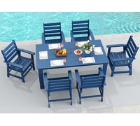 GREENVINES Set da pranzo per esterni, 7 pezzi, HDPE, tavolo e sedie per 6 persone, mobili da patio, per tutte le stagioni, foro per ombrello, blu, per giardino a bordo piscina