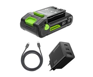 Greenworks 24V 2Ah batteria ricaricabile USB-C & caricabatterie USB-C da 65W & cavo da 100W, batteria compatibile con tutti gli dispositivi Greenworks da 24V, 2 anni di garanzia - K2S2BEA