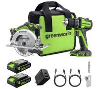 Greenworks 24V Brushless 45Nm Trapani a percussione + 165cm Sega circolare, 4.800 giri al minuto, (2) batterie USB-C da 2,0 Ah (12.000 mAh) e caricabatteria rapida USB-C da 65 W (3 porte) CK322