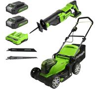 Greenworks 2x24V Tagliaerba a Batteria, Ampiezza di Taglio 36cm, Due 24V 2Ah Batterie & Caricabatterie, Sega a Gattuccio GD24RS, Garanzia 3 Anni