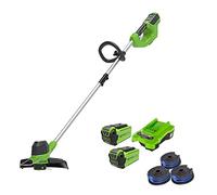 Greenworks 40V Tagliabordi a Batteria per Giardini Medi, Batteria 40V 2x 2Ah e Caricabatterie + 3 pezzi rocchetto doppio filo (blu)