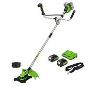 Greenworks48V(2x24V)Decespugliatore a Batteria con Motore Brushless,Imbracatura,Manubrio,Ampiezza di Taglio 38cm,Filo Nylon2mm,Lama 25cm,2xBatterie 24V 4Ah e Caricabatterie,Garanzia 3Anni GD24X2BCBK4x