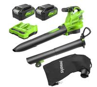 Greenworks Soffiatore per foglie senza fili da 48 V (2 x 24 V) con sacco da pacciamatura da 45 l, 386 km/h, 14,73 m³/min, due batterie da 4 Ah e caricabatterie a doppia porta, garanzia 3 anni BL48L421