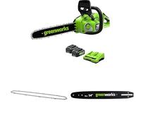 Greenworks 48V(2x24V) Motosega a Batteria con Motore Brushless, Lunghezza Barra 14 Pollice (35cm), con due 4Ah e Caricabatterie Gemello+ Greenworks 35cm Catena+ Greenworks 35cm Barra