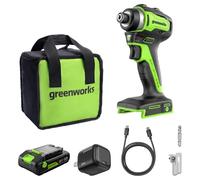 Greenworks Avvitatore a percussione senza spazzole da 24 V (1950 "-lbs.), pinza esagonale da 1/4", batteria USB C da 2,0 Ah, caricatore USB C da 30 W e cavo intrecciato da 3,3 piedi, compatibile con