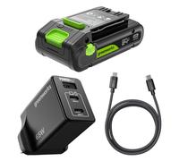 Greenworks Batteria USB-C ad alta potenza da 24 V 2 Ah e caricabatterie USB-C da 65 W e cavo da 100 W, batteria agli ioni di litio adatta per tutti i dispositivi 200+ Greenworks 24 V, garanzia di 2