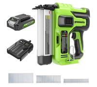 Greenworks Chiodatrice a batteria da 24 V (100 tipi/min, lunghezza massima 50 mm, regolazione della profondità, scatto singolo/seriale, con 500 chiodi, con batteria da 2 Ah e caricatore)