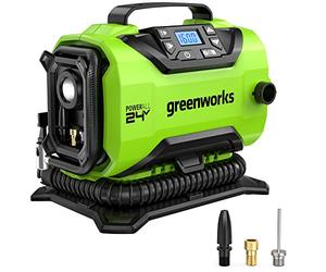 Greenworks G24IN Gonfiatore e Deflatore a Batteria, 11 Bar, Bassa o Alta Pressione, Spegnimento Automatico, con 3 Adattatori e Tubo da 0,5m, SENZA Batteria 24V e Caricabatterie, Garanzia 3 Anni