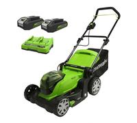 Greenworks G24X2LM41K2X Tagliaerba a Batteria per Prati Fino a 220m², Ampiezza di Taglio 41cm, Sacca da 50L, CON Due Batterie 2 x 24V (Pari a 48V) 2Ah e Caricabatterie Gemellare