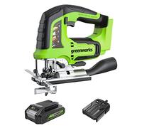 Greenworks GD24JSK2 Seghetto Alternativo a Batteria con 2 Lame, 3000 colpi/min., Base Regolabile Fino a 45°, Attacco Aspiratore PIÙ Batteria 24V 2Ah e Caricabatterie, Garanzia 3 Anni