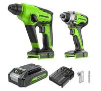 Greenworks Martello perforatore a batteria da 24 V, 1,2 J, con avvitatore a percussione 300 Nm, batteria da 2 Ah e caricatore