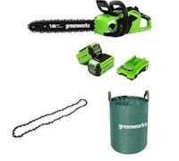 Greenworks Motosega a Batteria con Motore Brushless, Lunghezza Barra 40cm, 2 Batterie da 40V 2Ah e Caricabatterie + Greenworks 40cm Catena per Motosega + Greenworks Sacco da giardinaggio da 120l