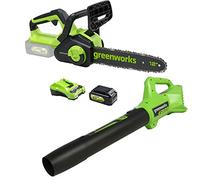 Greenworks Motosega a Catena, Soffiatore Assiale di Foglie con Batteria 4 Ah e Caricabatteria