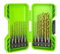 Greenworks punte trapano per trapano elettrico e avvitatore, forare metallo, legno, plastica, 22 pezzi, attacco esagonale da 1/4'', punto di divisione 135°, rivestimento in titanio set punte trapano