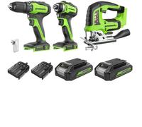 Greenworks Set di strumenti a batteria da 24 V, composto da avvitatore (35 Nm), avvitatore a percussione (220 Nm), sega a batteria, 2 batterie e un caricabatterie