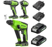 Greenworks Set di strumenti a batteria da 24 V, composto da avvitatore a batteria (35 Nm), avvitatore a percussione a batteria (220 Nm), martello perforatore a batteria 1.2J, 2 batterie e un