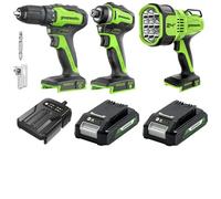 Greenworks Set di strumenti a batteria da 24 V, composto da avvitatore a batteria (35 Nm), avvitatore a percussione a batteria (220 Nm), faro di ricerca da 3000 lumen, 2 batterie e un caricabatterie
