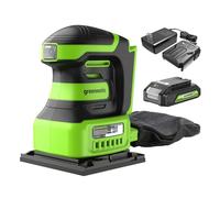 Greenworks Smerigliatrice manuale a batteria da 24 V, smerigliatrice a fogli 1/4 con sacchetto antipolvere, compatta e leggera, 11000 OPM, con batteria da 2 Ah e caricatore
