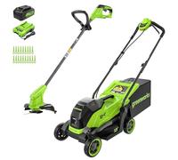 Greenworks Tagliaerba a batteria da 24 V e tagliabordi, motore senza spazzole, 33 cm con cestino da 30 l, tagliaerba regolabile da 25 cm, batteria da 24 V 4 Ah, caricatore e 20 bobine di filo