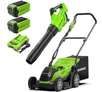 Greenworks Tosaerba a batteria + soffiatore a batteria (93 km/h, 14,2 m³/min) per superfici fino a 500 m², larghezza di taglio 41 cm, sacco da 50 litri Plus due batterie da 40 V 2 Ah con caricatore