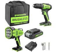 Greenworks Trapano avvitatore da 24 V, 35 Nm e faretto da 3000 lumen, con batteria da 2 Ah e caricabatterie