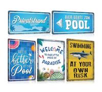 GREENWR Set di 5 targhette in metallo con scritta divertente | PRIVATSTRAND | SWIM AT YOUR OWN RISK | PARADISE | Cartello di sicurezza per piscina, resistente alle intemperie, accessorio decorativo