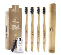 Greenzla Spazzolini Bamboo (Set da 4) con custodia da viaggio e filo interdentale in carbone | Setole morbide senza BPA | Set di spazzolini da denti in bambù naturale ecologico | Biodegradabili