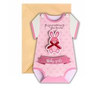 GreetInk Adorabile biglietto di auguri per baby shower, pagliaccetto rosa a forma di coniglio 3D e busta abbinata, perfetto per feste di arrivo del bambino, biglietto d'invito per