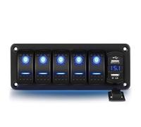 Greluma Pannello interruttori a bilanciere a 5 bande in alluminio con voltmetro e doppia USB (4,2A),ricarica rapida,LED retroilluminato,precablato IP65 impermeabile per nautica,barca,auto,camion(blu)