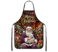 Grembiule da cucina con citazione di Babbo Natale e gatto | Gatto bianco, grembiule da cucina, rami di pino, regali confezionati, lettere dorate, decorazione stagionale