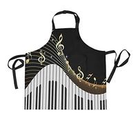 Grembiule da cucina con tasche tastiera pianoforte dorato con note musicali grembiule per donne e uomini cucinare, ristorante, caffetteria, cameriere, grembiuli con collo regolabile, Multi